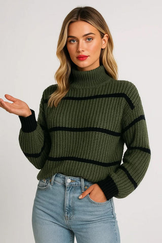 Pull col montant rayé vert et noir, manches longues, maille texturée en côtes