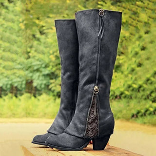 Bottes montantes femme noires, fermeture éclair latérale et empiècement en dentelle