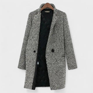 Manteau gris pied-de-poule à col châle, boutonnage simple et deux poches plaquées