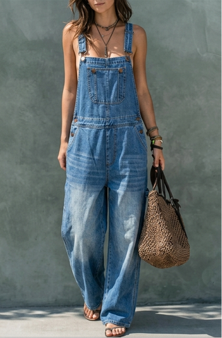 Combinaison en jean bleue à bretelles avec poche poitrine, taille élastique et pantalon ample.