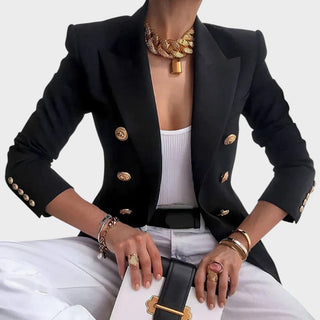 Veste blazer noire à double boutonnage doré, manches longues, poches plaquées