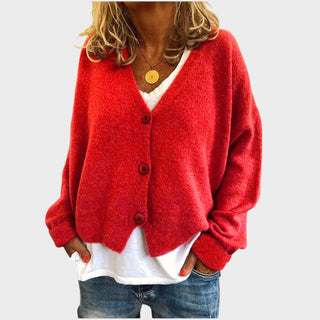 Pull en maille rouge vif à col V, boutons, manches longues