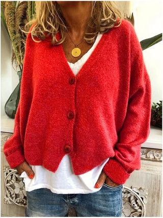 Cardigan femme rouge à décolleté V et boutons, manches longues, coupe ample