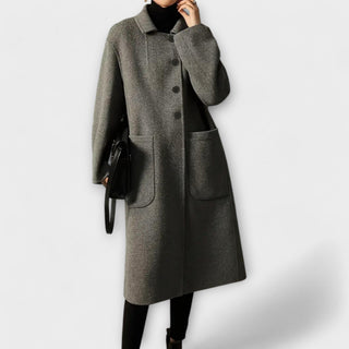 Manteau long thermique vert gris, col droit, boutons, deux poches plaquées