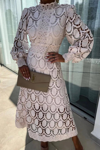 Robe élégante en dentelle avec col haut et détails transparents