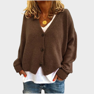 Pull en maille marron à col V, boutons, manches longues
