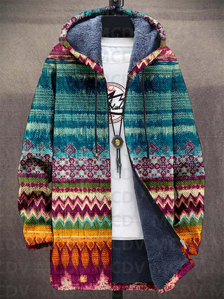 Sweat à capuche zippé multicolore, motif aztèque, poches kangourou, cordons visibles