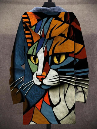 Sweat à capuche zippé dos motif chat pop-art multicolore, capuche doublée gris.