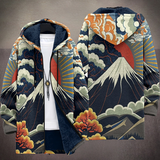 Veste sweat à capuche bleu, motif japonais nuages et fleurs, capuche à doublure foncée