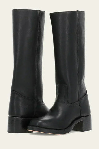 Bottes mi-mollet noires en cuir, bout fermé, talon bloc court, coutures discrètes.