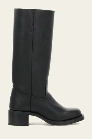 Bottes mi-mollet noires à talon bloc carré, tige unie avec couture centrale.