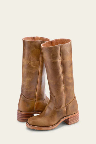 Bottes mi-mollet en cuir brun, bout fermé, talon bloc carré, tige haute.
