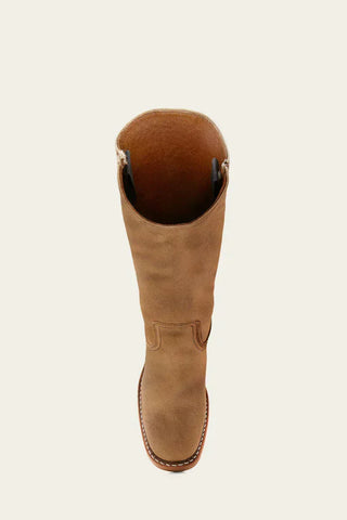 Bottes mi-mollet marron à bout fermé, vue du dessus avec tige arrondie et coutures.