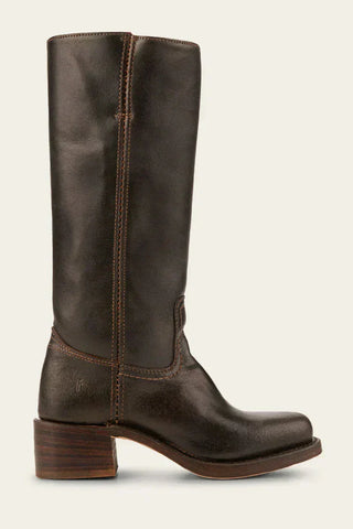Bottes mi-mollet en cuir noir/brun, bout fermé, talon bloc, surpiqûre centrale décorative.