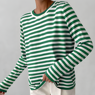Chemisier manches longues femme rayé vert et blanc, encolure ronde, coupe ample