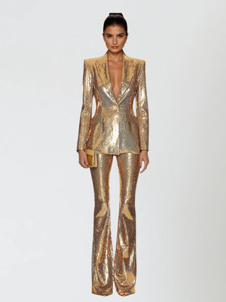 Ensemble doré en sequins : blazer ajusté à col V et pantalon évasé à paillettes