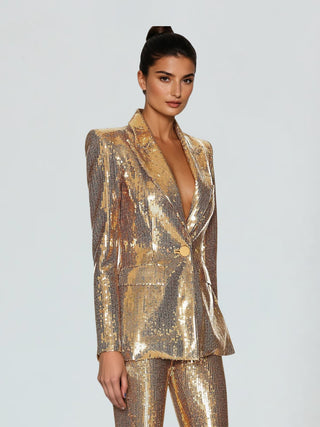 Blazer doré à sequins, col V profond, bouton central, coupe cintrée