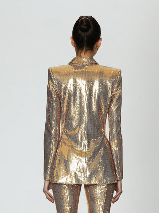Blazer dos doré en sequins, coupe droite et manches longues, effet brillant