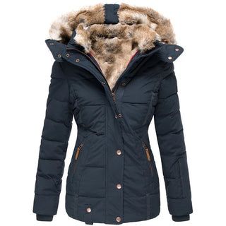 Manteau d’hiver bleu marine matelassé, capuche doublée de fourrure, boutons pression