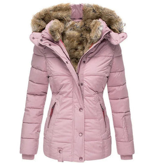 Manteau d’hiver rose matelassé, capuche doublée de fourrure, fermeture boutonnée