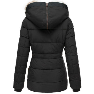 Manteau d’hiver noir matelassé, capuche doublée de fourrure, fermeture centrale