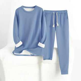 Ensemble sweat et pantalon jogging bleu clair, cordon blanc et poignets côtelés