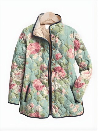 Veste matelassée à motif floral rétro, col montant, boutons-pression, devant zippé