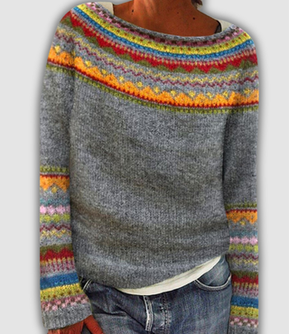 Pull rétro Catarina en gris chiné, encolure bateau, rayures multicolores style jacquard