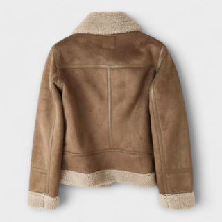 Veste aviateur en daim marron, vue dos, col et ourlet en peau lainée