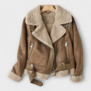 Veste aviateur en daim marron à col et poignets en peau lainée, fermetures zippées