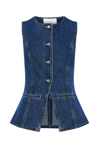 Veste en jean bleue sans manches, boutonnée, poches et ourlet légèrement évasé.