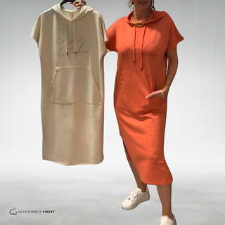 Robe sweat à capuche Ruby™ orange et beige, manches courtes