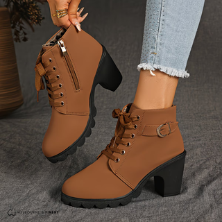 Bottines Betty™ à lacets marron, talon bloc et zip latéral, boucle décorative