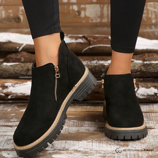 Bottines confortables noires à zip, semelle épaisse crantée