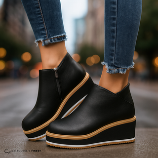 Bottes à talon compensé cuir noir, tige mi-mollet, zip latéral.