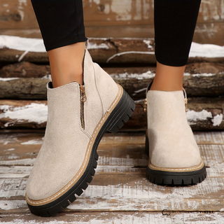 Bottines confortables beige à zip, semelle crantée