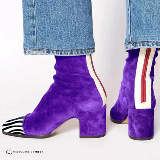Bottes de confort orthopédique Valerie™ en daim violet, talon carré, fermeture éclair rouge