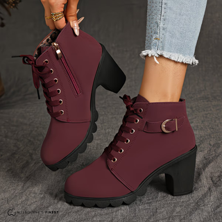 Bottines Betty™ à lacets bordeaux, talon bloc, zip latéral et boucle sur bride