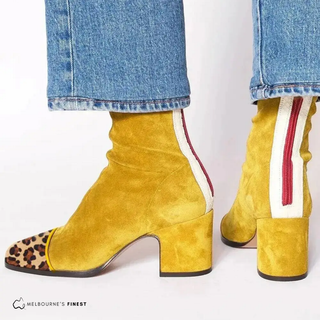 Bottes de confort orthopédique Valerie™ en daim jaune, talon carré, fermeture éclair rouge