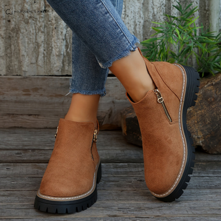 Bottines confortables camel à zip, semelle épaisse crantée