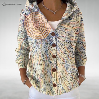 Veste sweat à capuche crème à motifs ronds colorés, boutons en bois visibles