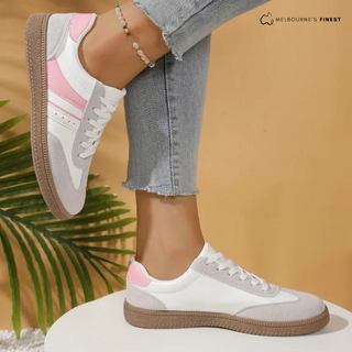 Chaussures orthopédiques pour femmes blanches, empiècements rose, semelle épaisse marron