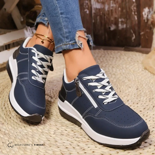 Chaussures orthopédiques femme bleu foncé à lacets, semelle blanche épaisse