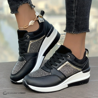 Chaussures orthopédiques Farrah™ noires à lacets, empiècements brillants et semelle épaisse