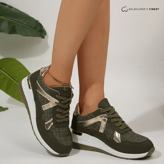 Chaussures orthopédiques élégantes vert armée à lacets, empiècements métallisés, semelle blanche