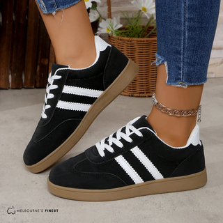 Chaussures orthopédiques pour femmes Elena™, noir, bandes blanches et semelle brune