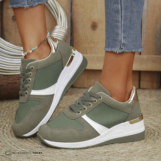 Chaussures orthopédiques vert armée pour femmes, à lacets, semelle blanche épaisse.