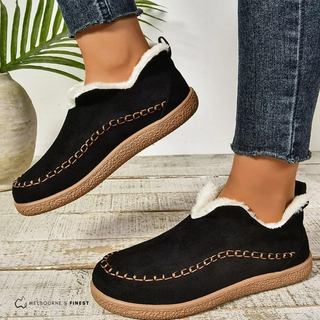 Bottines confort Lutz™ noires en suède, bordure sherpa blanche, semelle ton bois
