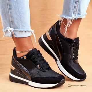 Chaussures orthopédiques Rosella™ noires, lacets, liserés dorés, semelle épaisse