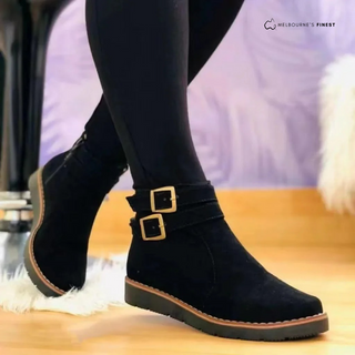 Bottes de cheville en daim noir, à deux boucles réglables et semelle épaisse